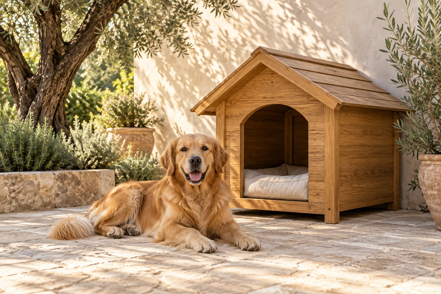 Immagine d’ambientazione: un cane accanto a una cuccia